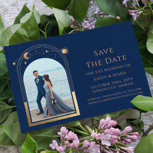 Blaue Goldene Himmlische Sonne Mond Sterne Hochzei Save The Date