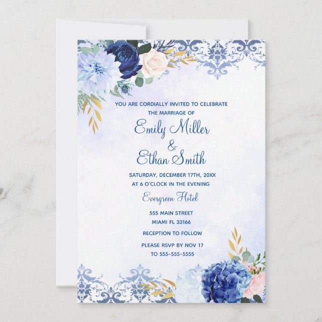 Blaue goldene Hochzeit Einladung Aquarell (Vorderseite)