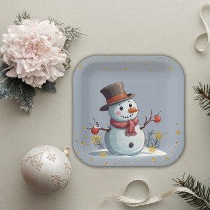 Blaue & Goldene Kleine Schneeflocken Schneemann Ba Pappteller