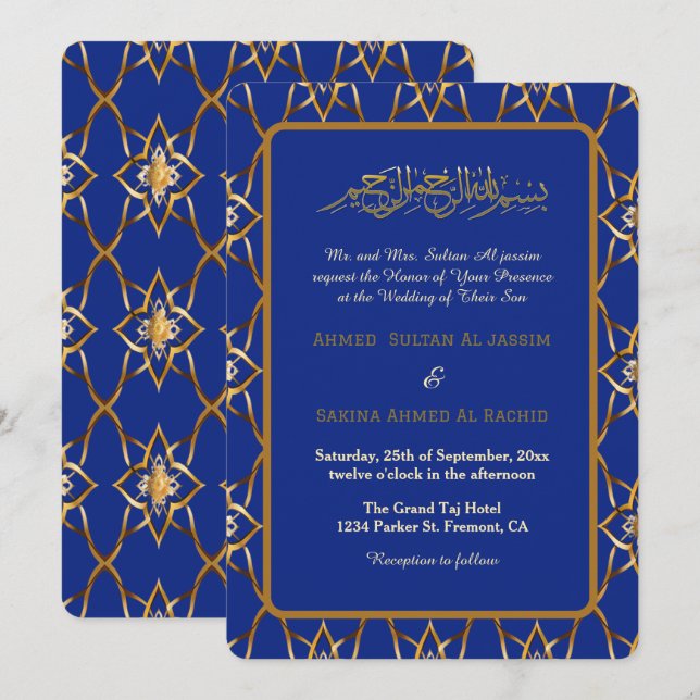 Blaue goldene, luxuriöse Muslimhochzeit Einladung (Vorne/Hinten)