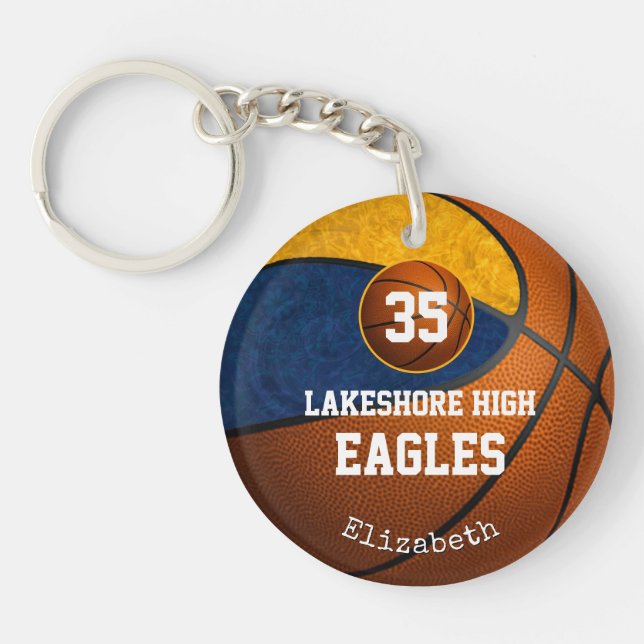Blaue goldene Mädchen Basketball spielen wie ein M Schlüsselanhänger (Vorderseite)