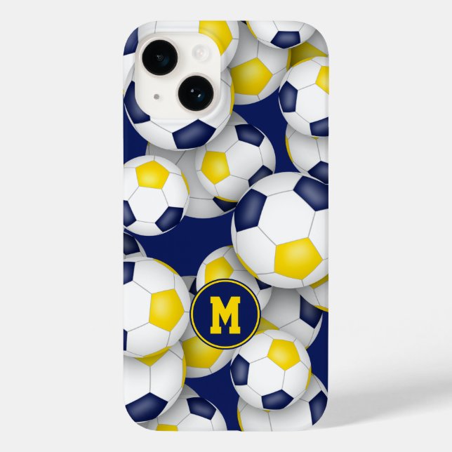 Blaue goldene Mannschaft färbt Mädchenfußballmuste Case-Mate iPhone 14 Hülle (Rückseite)