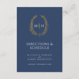 Blaue goldene monogramm-Hochzeitspläne und Zeitpla Begleitkarte