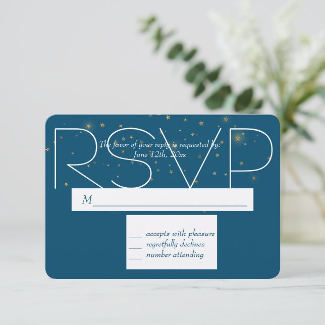 Blaue goldene Nacht unter den Sternen RSVP Karte (Stehend Vorderseite)