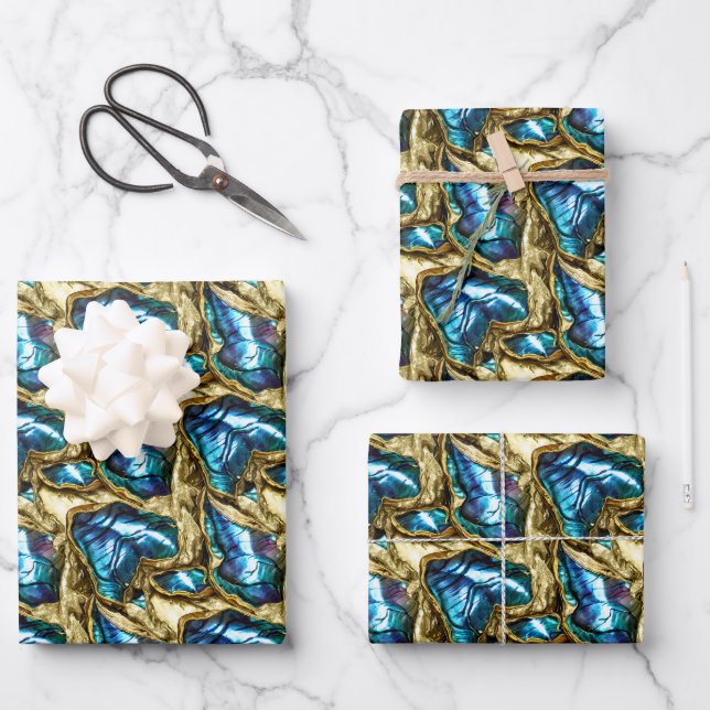 Blaue goldene pauschale Muschel schimmert Muscheln Geschenkpapier Set (Vorderseite)