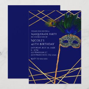 Blaue & Goldene Pfauen-Maskenparty-Einladungen Einladung