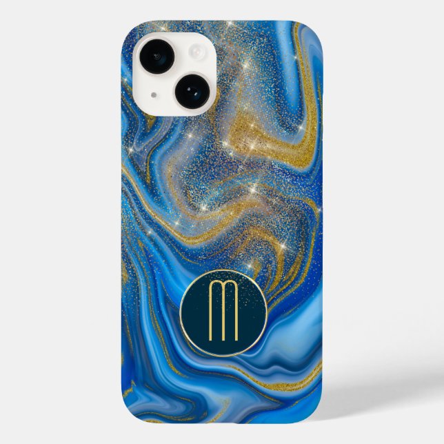 Blaue goldene Swirle-Monogramm Case-Mate iPhone 14 Hülle (Rückseite)