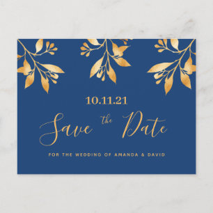 Blaue goldfarbene botanische Hochzeit Retten Sie d Postkarte