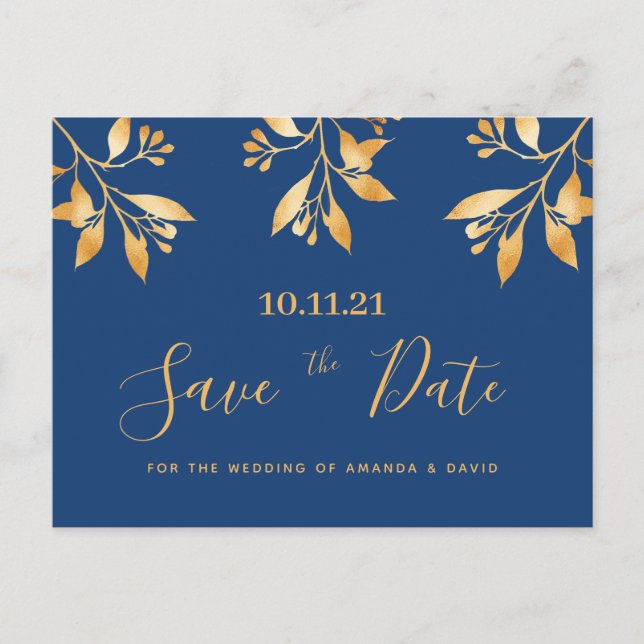 Blaue goldfarbene botanische Hochzeit Retten Sie d Postkarte (Vorderseite)
