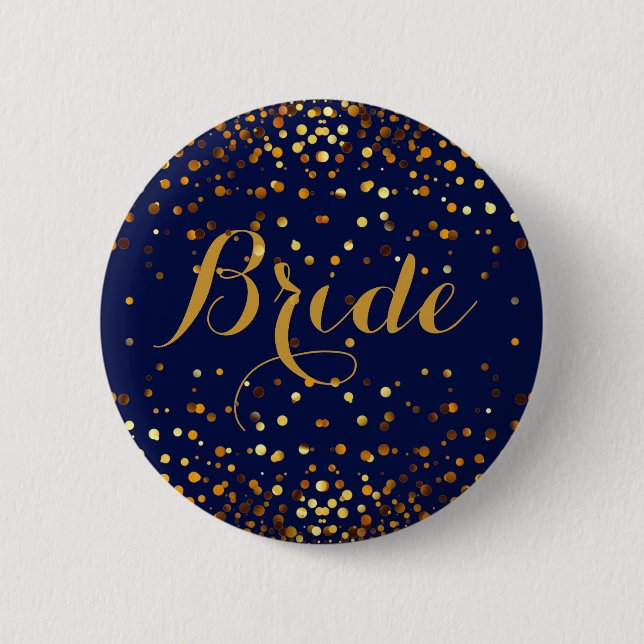 Blaue GoldGlitzer-Imitat-Folieconfetti-Punkt-Braut Button (Vorderseite)