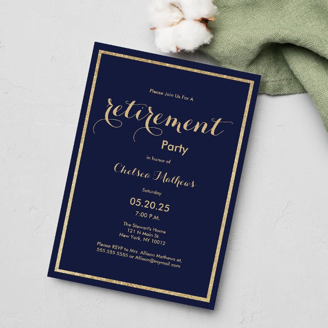 Blaue Goldmedaille Glitzer Rente Party Einladung (Classic navy blue gold glitter Retirement Party)