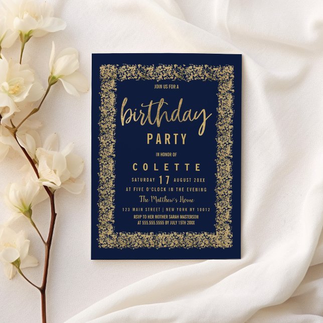 Blaue Goldmedaille Konfetti Geburtstagsparty Einladung (Simple navy blue gold confetti Birthday Party )