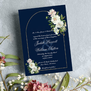 Blaue Goldminze, weiße Perle, Blütenhochzeit Einladung