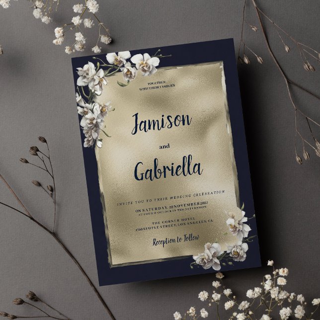 Blaue Goldorchideenblume Hochzeit der Glam-Marine Einladung (Glam navy blue gold white orchid flower Wedding )