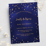Blaue Goldsterne Party Einladungspostkarte<br><div class="desc">Eine Geburtstagsfeier für ihn und sie. Ein schwarzer Hintergrund mit goldenen Imitaten. Personalisieren und fügen Sie einen Namen und Party-Details hinzu. Golden farbiger Text.</div>