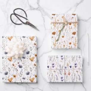 Blaue Graue Beige Braune Wildblumen Boho Geburtsta Geschenkpapier Set