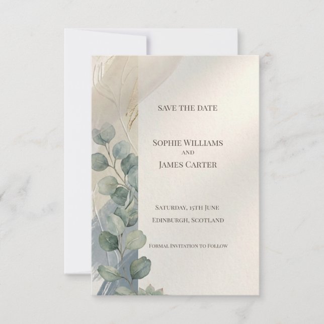 Blaue Graue Eukalyptus-Save-The-Date-Karte Save The Date (Vorderseite)