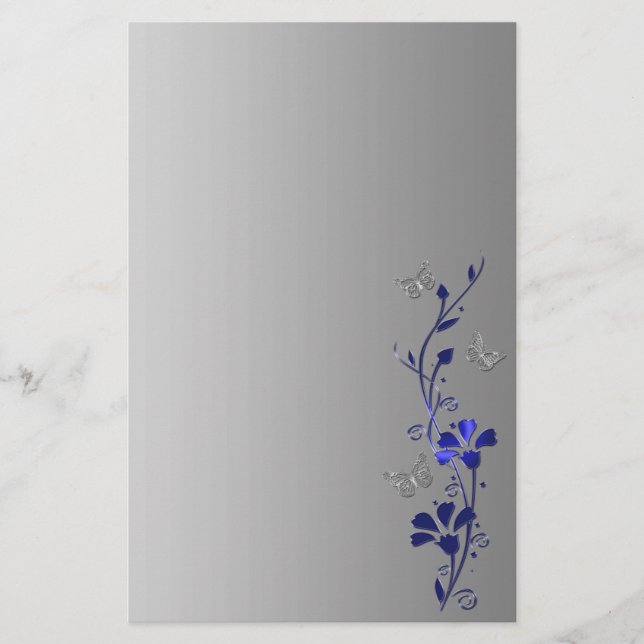 Blaue, graue, florale Butterfliegen Hochzeitsgesch Briefpapier (Vorderseite)