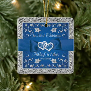 Blaue, graue Liebesherzen Hochzeit 1. Weihnachten Keramikornament