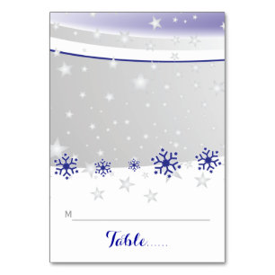 Blaue, graue Schneeflocken Hochzeit gefaltete Plat Tischnummer