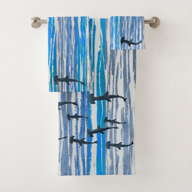 Blaue, graue und weiße Streifen und Haie Badhandtuch Set (Insitu)