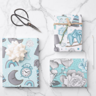BLAUE & GRAY BABY BOY ITEMS TOYS STARTEN GESCHENKPAPIER SET