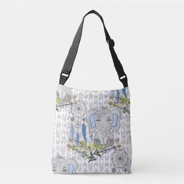BLAUE & GRAY BOHO BABY ELEPHANT & DREAMCATCHER TRAGETASCHEN MIT LANGEN TRÄGERN (Vorderseite)