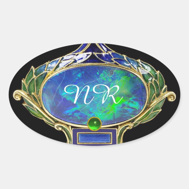 BLAUE GREEN OPAL ,ART NOUVEAU GOLD JEWEL MONOGRAM OVALER AUFKLEBER (Vorderseite)