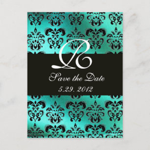 BLAUE GREEN TURQUOISE DAMASK CLOTH, WEISS MONOGRAM ANKÜNDIGUNGSPOSTKARTE