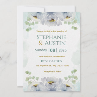 Blaue grüne Aquarell-Blumen-Hochzeitseinladung El Einladung
