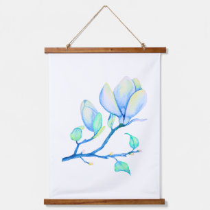 Blaue grüne Aquarell-Magnolienzweig Botanik Wandteppich Mit Holzrahmen