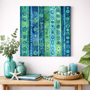 Blaue grüne Boho-Streifen-Wasserfarben-Wandkunst Poster