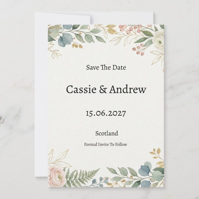 Blaue Grüne Florale Hochzeit Save The Date (Vorderseite)