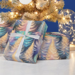 Blaue Grüne Goldene Bäume Modernes Weihnachten Geschenkpapier