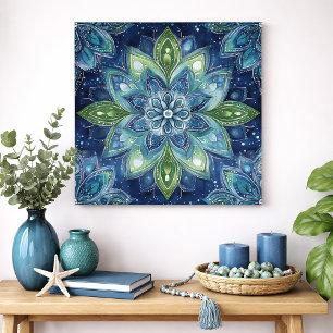 Blaue grüne Mandala-Blumen-Wasserfarben-Kunst Poster