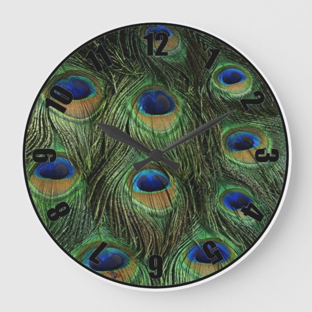 Blaue grüne Pfauenfeder, individuell auf das Foto  Große Wanduhr (Vorderseite)