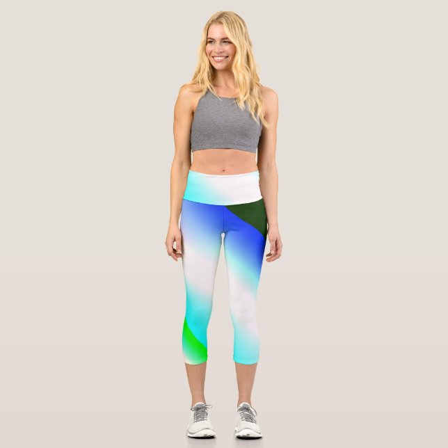 Blaue grüne Regenbogenfarben abstrakte Textur Capri Leggings (Vorderseite)