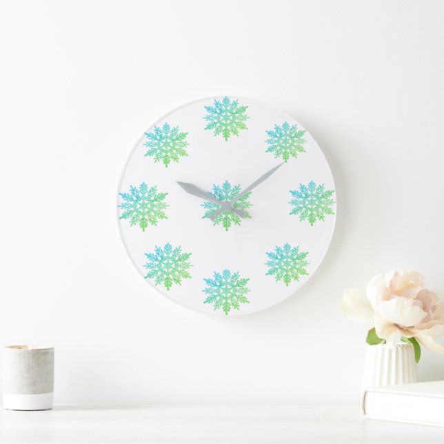 Blaue grüne Schneeflocke Große Wanduhr (Zuhause)