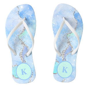 Blaue Grüne Silber Glitter Marmor Wirbel Monogramm Flip Flops