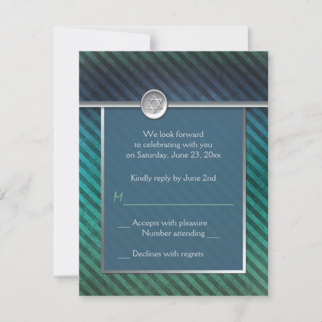 Blaue, grüne, silbergestrichene Bar Mitzvah RSVP-K Einladung (Vorderseite)
