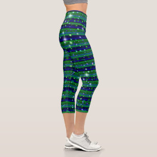 Blaue grüne Streifen mit Sternen und Regentropfen Capri Leggings