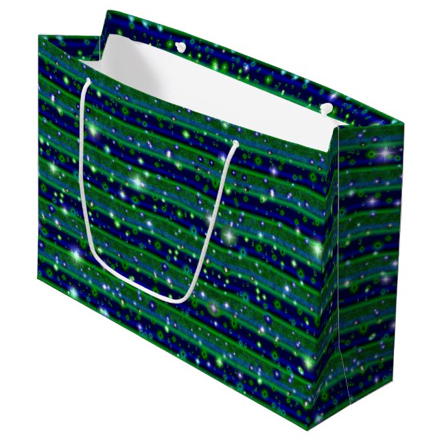 Blaue grüne Streifen mit Sternen und Regentropfen Große Geschenktüte (Vorderseite Schrägansicht)