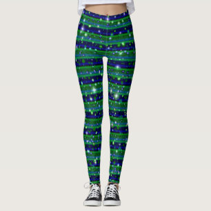 Blaue grüne Streifen mit Sternen und Regentropfen Leggings