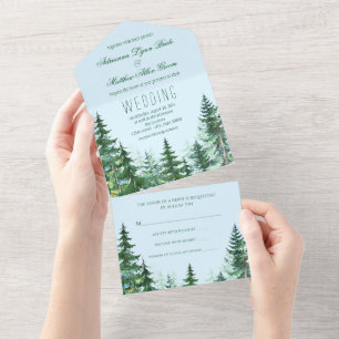 Blaue grüne Tannenbaume in einer Hochzeit All In One Einladung