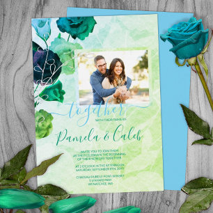 Blaue, Grüne, Türkisfarbene Rosen Hochzeit Silber Folieneinladung