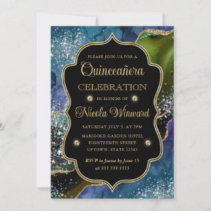 Blaue, Grüne und Goldene Glitter-Achat-Quinceanera Einladung