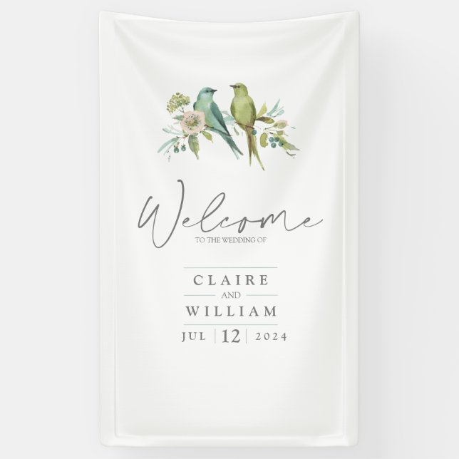 Blaue Grüne Vogelwelt Botanische Wasserfarbenhochz Banner (Vertikal)