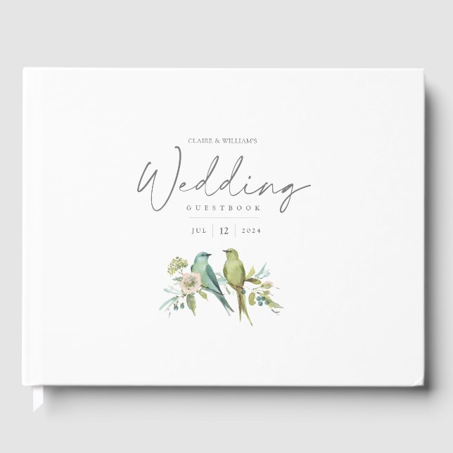 Blaue Grüne Vogelwelt Botanische Wasserfarbenhochz Gästebuch (Vorderseite)