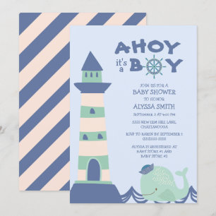 Blaue Grüne Wal Leuchtturm Ahoy Junge Baby Shower Einladung