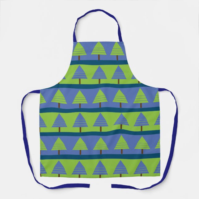 Blaue grüne Weihnachtsbaume Geometrisches Muster Schürze (Vorderseite)